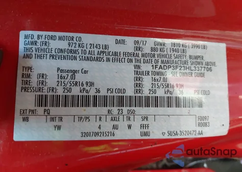 2017 Ford Focus Se из США, поврежденный, VIN 1FADP3F23HL337706